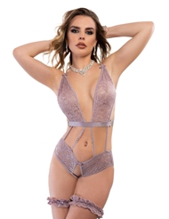 Front view of 2PC LILAC LACE CROTCHLESS TEDDY WITH GARTERS