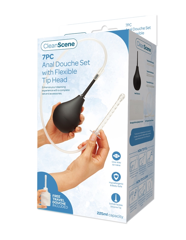 CLEANSCENE 7PC ANAL DOUCHE SET W/ FLEXIBLE TIP HEAD ALT4 view Color: BK