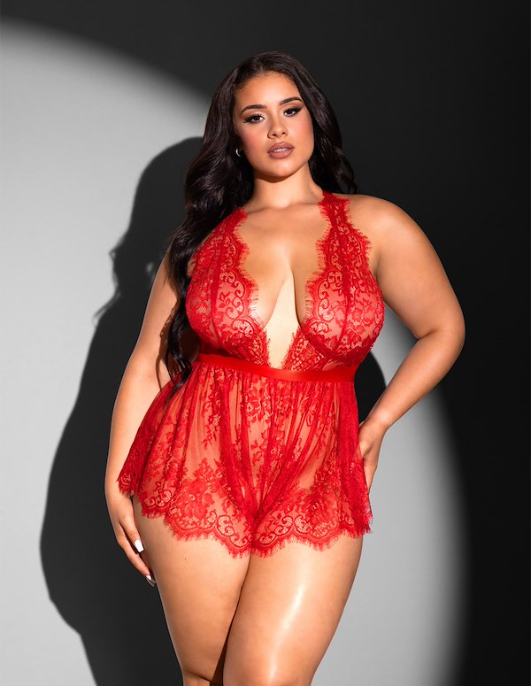 Brea Eyelash Lace Plus Size Romper ALT2 view Color: RD