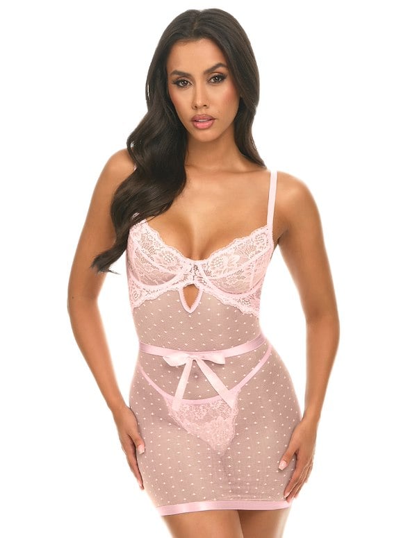 Josie Dot Mesh Babydoll With Bow Detail default view Color: PTL