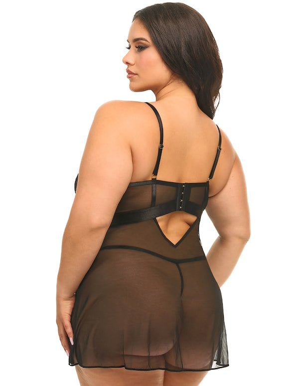 Leanna Embroidery And Satin Plus Size Babydoll ALT1 view Color: BK
