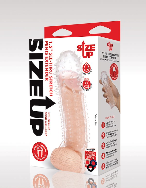 Size Up 1.5 Inch See-Thru Textured Penis Extender W/ Ball Loop ALT3 view Color: CL