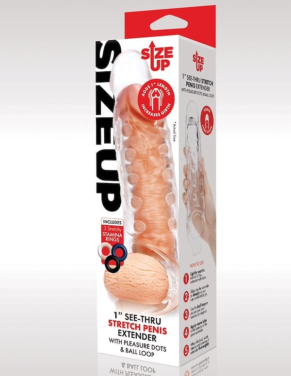 Size Up 1 Inch See-Thru Studded Penis Extender W/ Ball Loop ALT3 view Color: CL