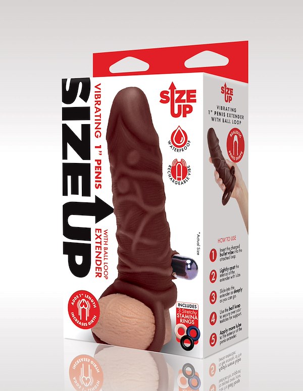 Size Up 1 Inch Chocolate Vibrating Penis Vibrating Penis Extender W/ Ball Loop ALT3 view Color: CHO