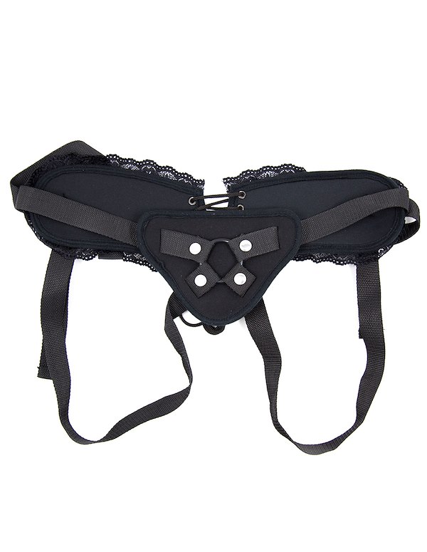 KINK & CONSENT - BLACK LACE STRAP-ON HARNESS ALT3 view Color: BK