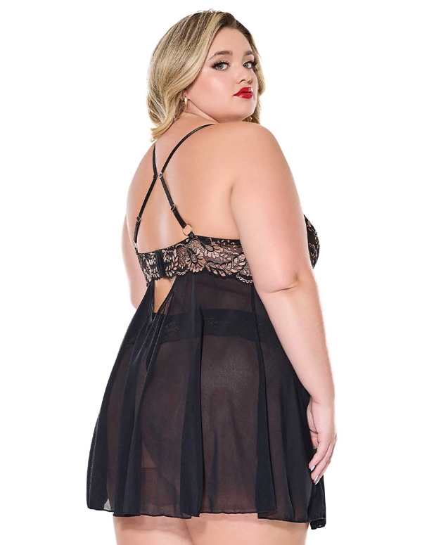 Giselle Soft Cup Plus Size Babydoll And Thong ALT1 view Color: BK