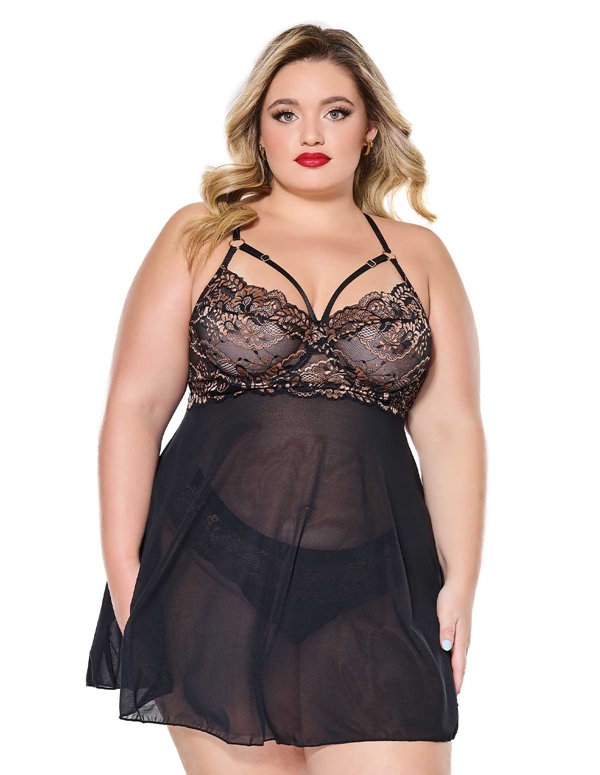 Giselle Soft Cup Plus Size Babydoll And Thong default view Color: BK
