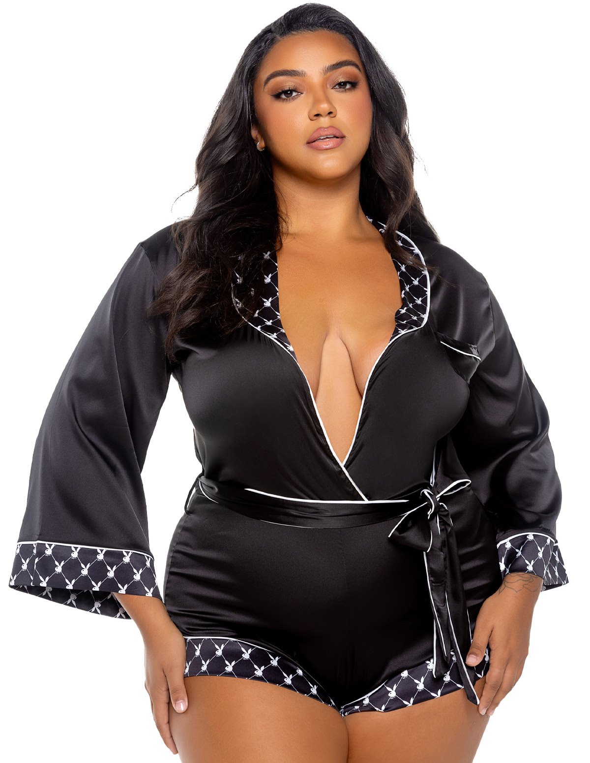 alternate image for Playboy Satin Lounge Plus Size Romper