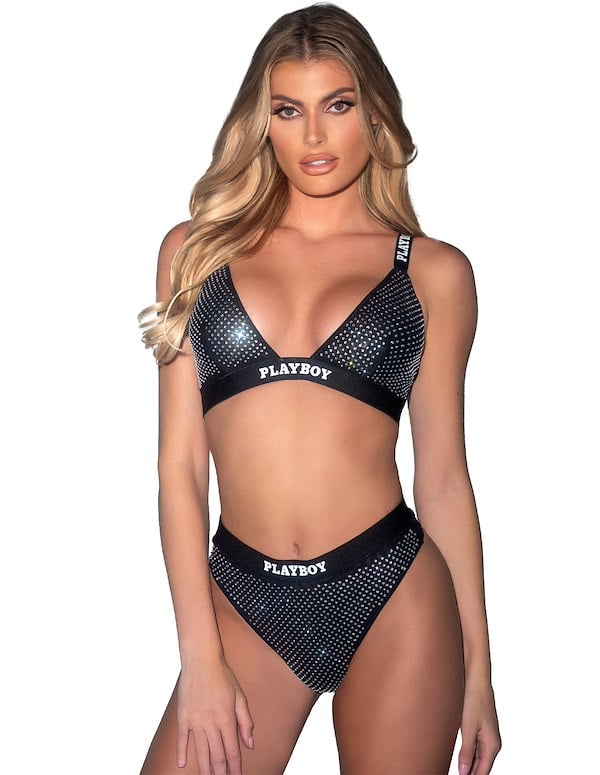 Playboy Rhinestone Bra Top And High Waist Brief default view Color: BK