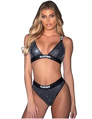 Front view of PLAYBOY RHINESTONE BRA TOP AND HIGH WAIST BRIEF