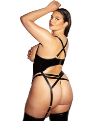 Alternate back view of KINKY VINYL OPEN CUP PLUS SIZE MERRY WIDOW AND G-STRING