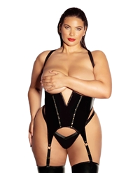 Alternate front view of KINKY VINYL OPEN CUP PLUS SIZE MERRY WIDOW AND G-STRING