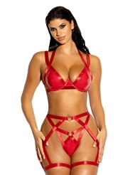 Front view of LOVER 2PC RED VINYL BRA AND PANTY WITH ATTACHED GARTER STAYS