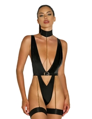 Front view of HARNESS HAVEN BLACK VINYL PLUNGE TEDDY