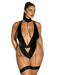 Alternate front view of HARNESS HAVEN BLACK VINYL PLUNGE PLUS SIZE TEDDY