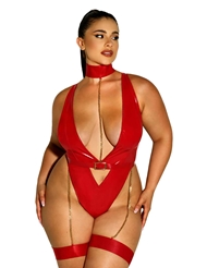 Front view of HARNESS HAVEN RED VINYL PLUNGE PLUS SIZE TEDDY