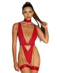 Front view of HARNESS HAVEN RED VINYL PLUNGE TEDDY