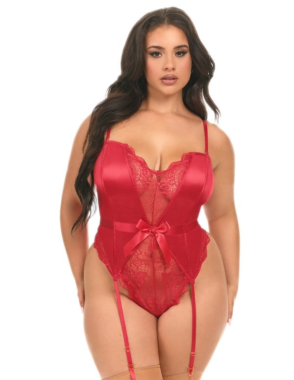 Rumi Satin Boned Plus Size Teddy With Bow Detail default view Color: RD