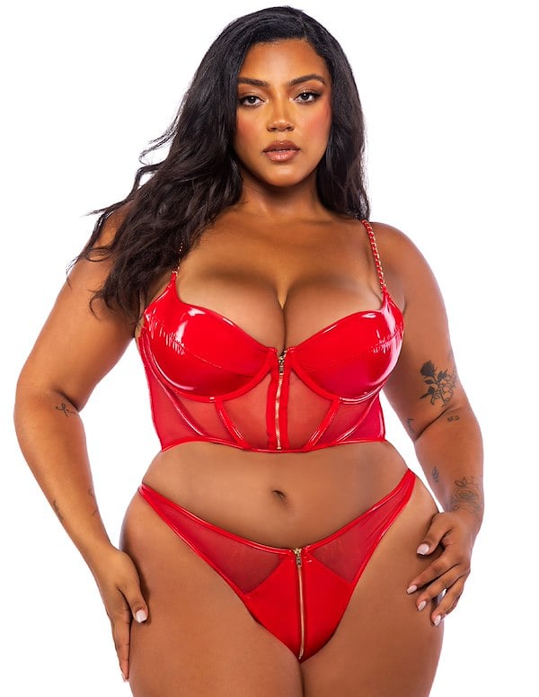 Midnight Minx Faux Patent Leather Bustier Plus Size Top And Thong default view Color: RD