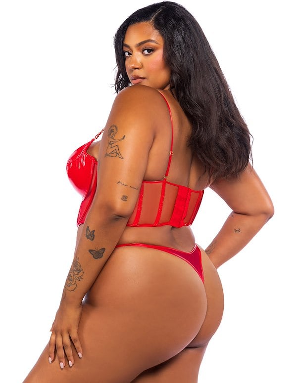 Midnight Minx Faux Patent Leather Bustier Plus Size Top And Thong ALT1 view Color: RD