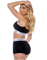 Alternate back view of PLAYBOY BLACK ATHLETIC LOUNGE BRALETTE AND BOXER