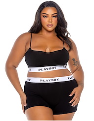 Front view of PLAYBOY BLACK ATHLETIC PLUS SIZE LOUNGE BRALETTE AND BOXER