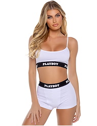 Front view of PLAYBOY WHITE ATHLETIC LOUNGE BRALETTE AND BOXER