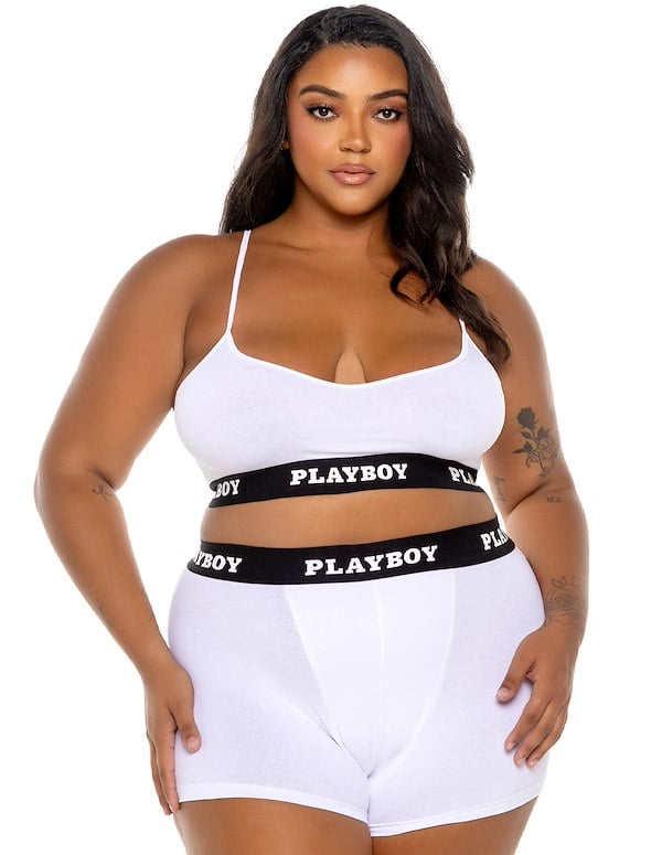 Playboy White Athletic Plus Size Lounge Bralette And Boxer default view Color: WH