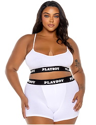 Front view of PLAYBOY WHITE ATHLETIC PLUS SIZE LOUNGE BRALETTE AND BOXER