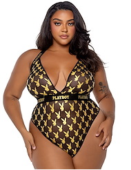 Front view of PLAYBOY FOIL LOGO PLUS SIZE TEDDY