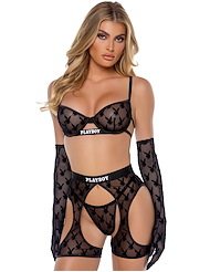 Front view of PLAYBOY BLACK BRA AND THONG WITH CHAPS