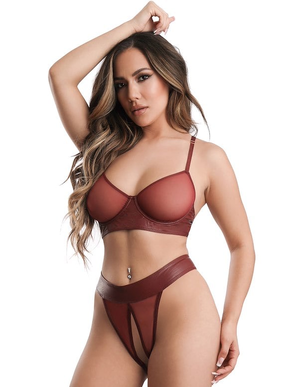 Amelia Faux Leather And Mesh Convertible Bra And Open Panty With Leash ALT2 view Color: BRG