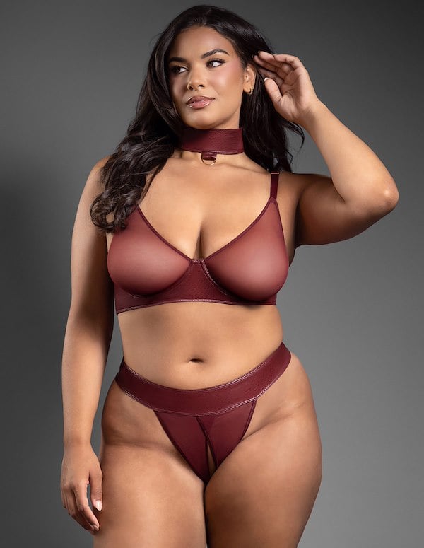 Amelia Faux Leather And Mesh Convertible Bra And Open Panty With Leash ALT3 view Color: BRG