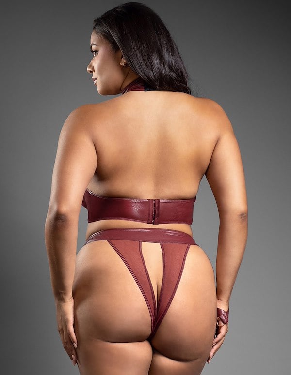 Amelia Faux Leather And Mesh Convertible Bra And Open Panty With Leash ALT4 view Color: BRG