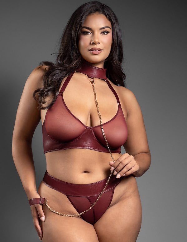 Amelia Faux Leather And Mesh Convertible Bra And Open Panty With Leash ALT5 view Color: BRG