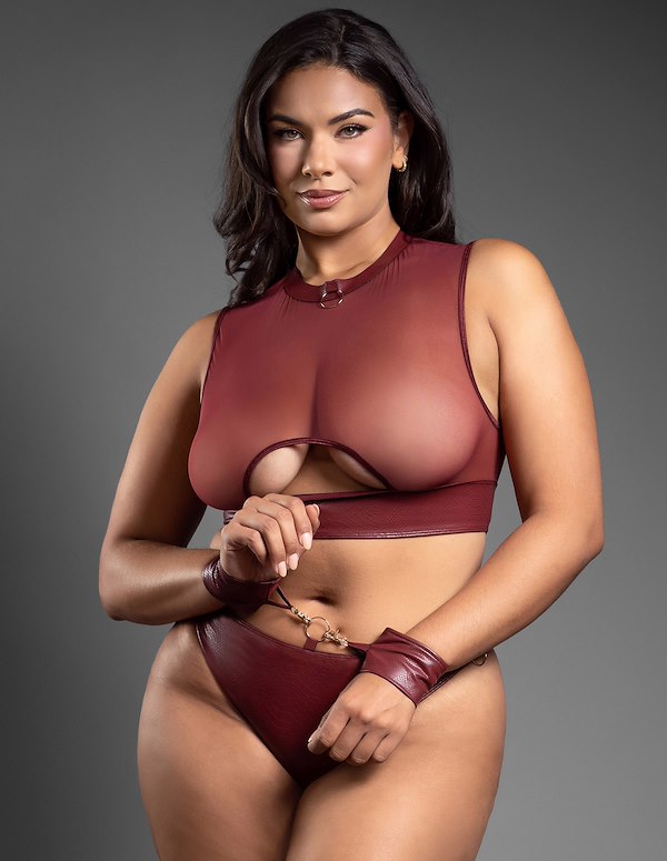 Amelia Faux Leather Sheer Top And Crotchless Panty With Handcuffs ALT2 view Color: BRG