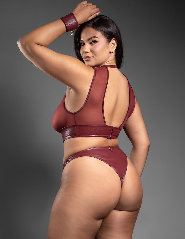 Amelia Faux Leather Sheer Top And Crotchless Panty With Handcuffs ALT4 view Color: BRG