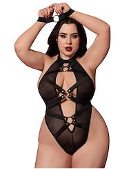 Front view of STRAPPED UP MESH PLUS SIZE TEDDY WITH WRIST RESTRAINTS