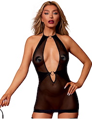Front view of IMPACT MESH AND FAUX LEATHER GARTER SLIP WITH REMOVABLE FLOGGER