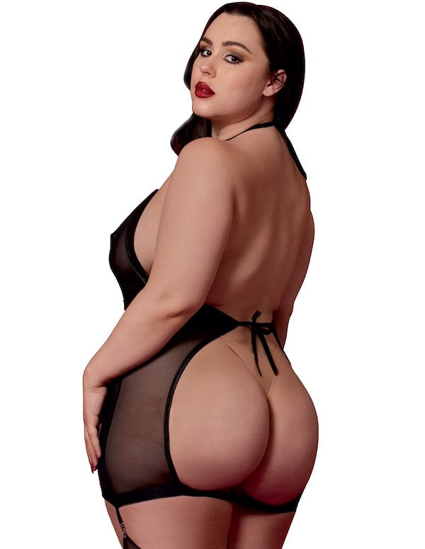 Impact Mesh And Faux Leather Plus Size Garter Slip With Removable Flogger ALT1 view Color: BK