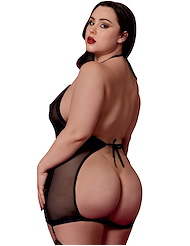 Alternate back view of IMPACT MESH AND FAUX LEATHER PLUS SIZE GARTER SLIP WITH REMOVABLE FLOGGER