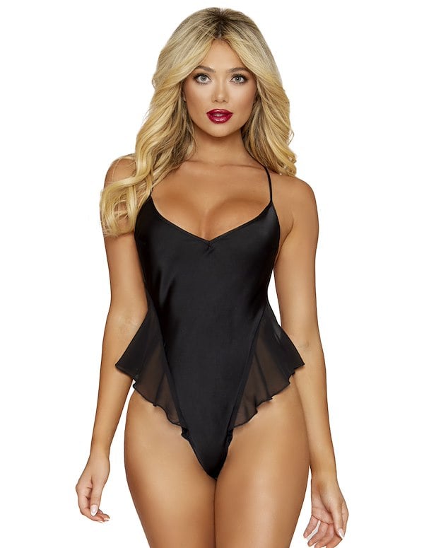 Serena Black Satin Teddy And Robe Set ALT1 view Color: BK