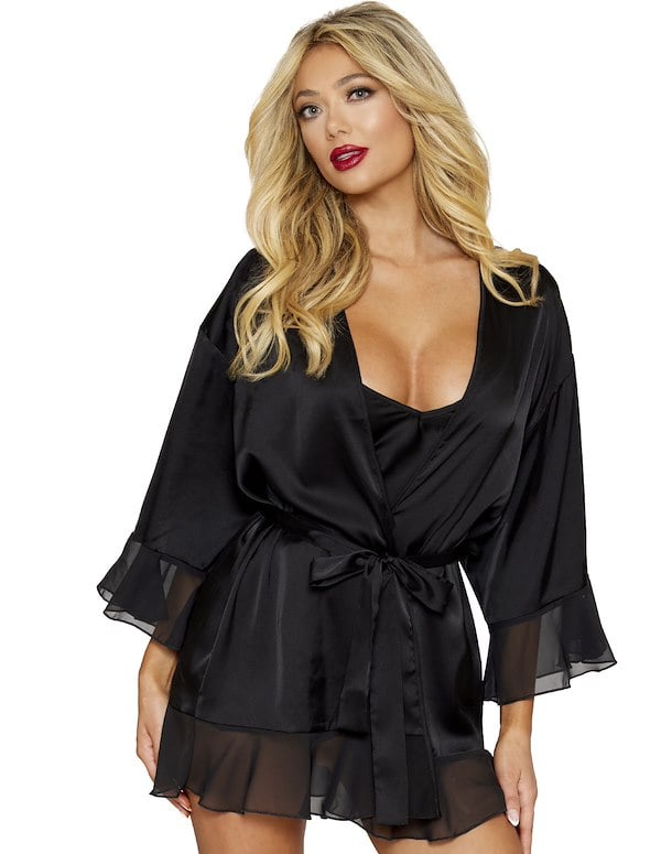 Serena Black Satin Teddy And Robe Set ALT3 view Color: BK