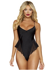 Alternate back view of SERENA BLACK SATIN TEDDY AND ROBE SET