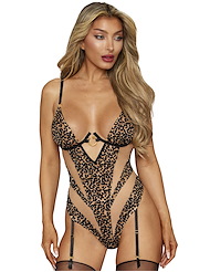Front view of WILD SIDE FLOCKED LEOPARD GARTER TEDDY