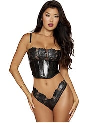 Front view of DAHLIA FAUX-LEATHER CROPPED BUSTIER AND G-STRING