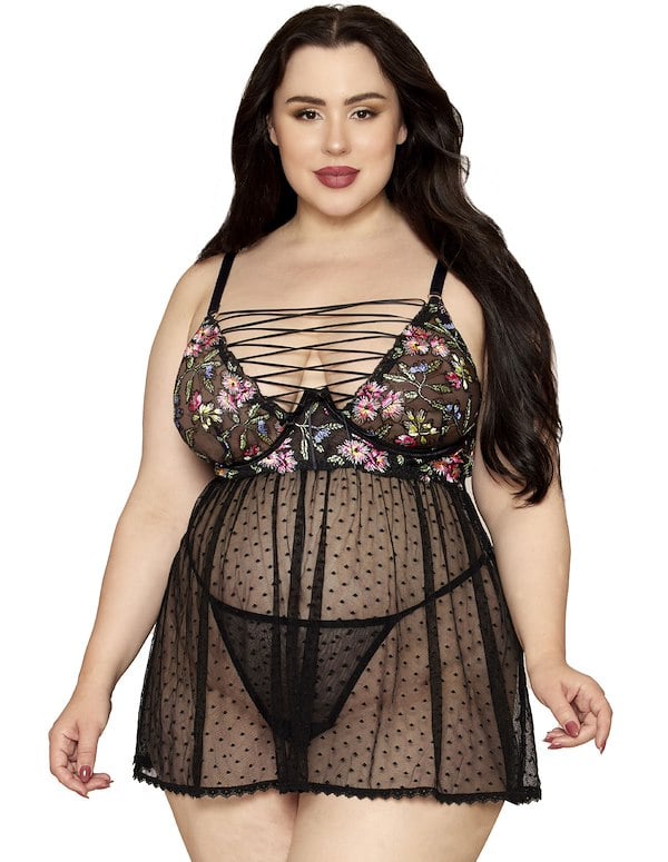 Dainty Floral Embroidery Plus Size Babydoll And G-String default view Color: BK