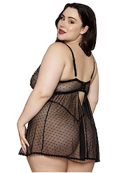 Alternate back view of DAINTY FLORAL EMBROIDERY PLUS SIZE BABYDOLL AND G-STRING
