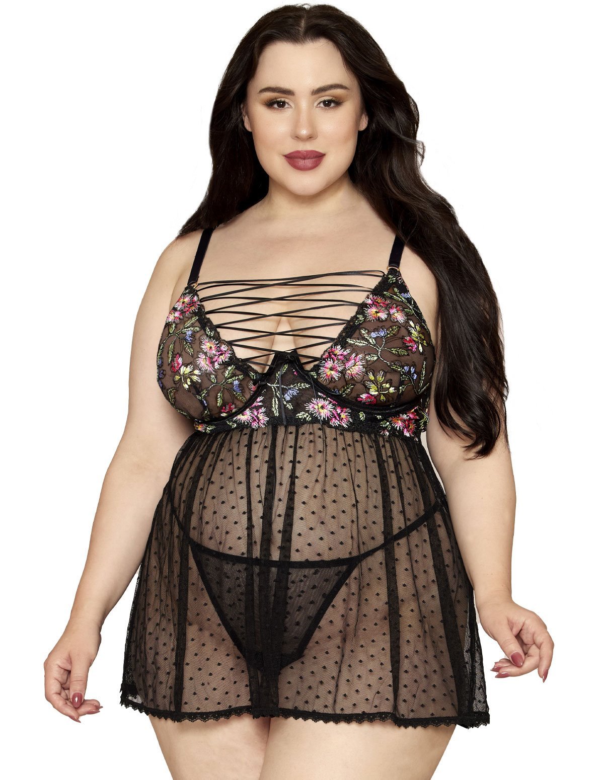 alternate image for Dainty Floral Embroidery Plus Size Babydoll And G-String