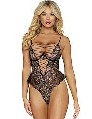 Front view of DAINTY FLORAL EMBROIDERY TEDDY